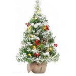 Mini Led Christmas Tree With Lifelike Pine Branches, Red Berries & Pinecones, Linen Base, 42cm Tabletop Holiday Decor