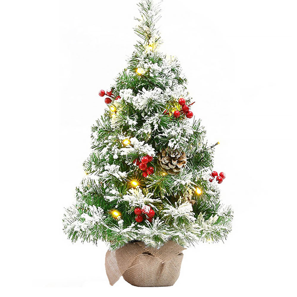 Mini Led Christmas Tree With Lifelike Pine Branches, Red Berries & Pinecones, Linen Base, 42cm Tabletop Holiday Decor