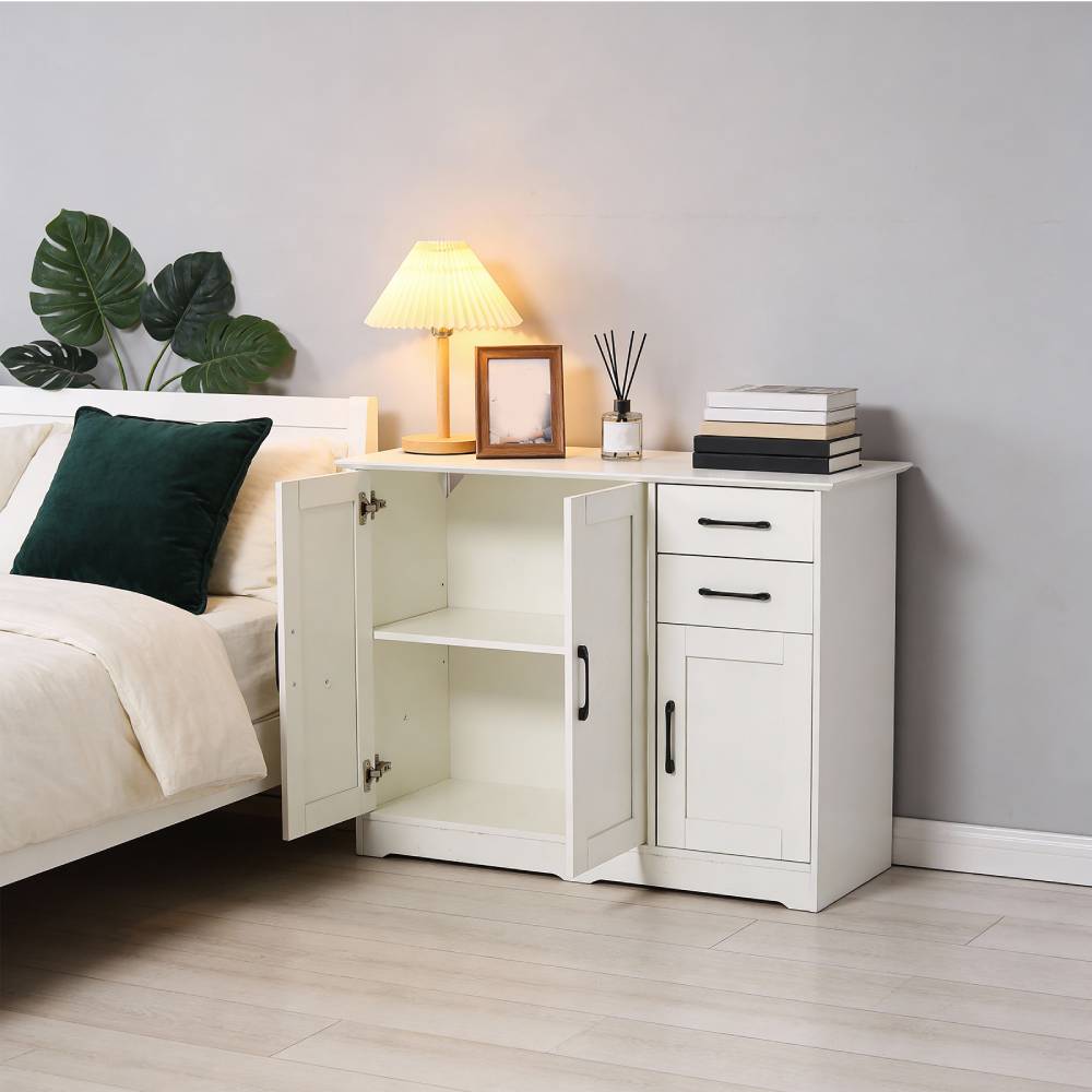 Modern White Sideboard With Black Handles, 2 Drawers & 2 Cabinets, Adjustable Shelves