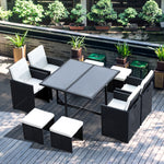 Rattan Garden Furniture Patio Dining Table Set W/ 8 Stools | Black