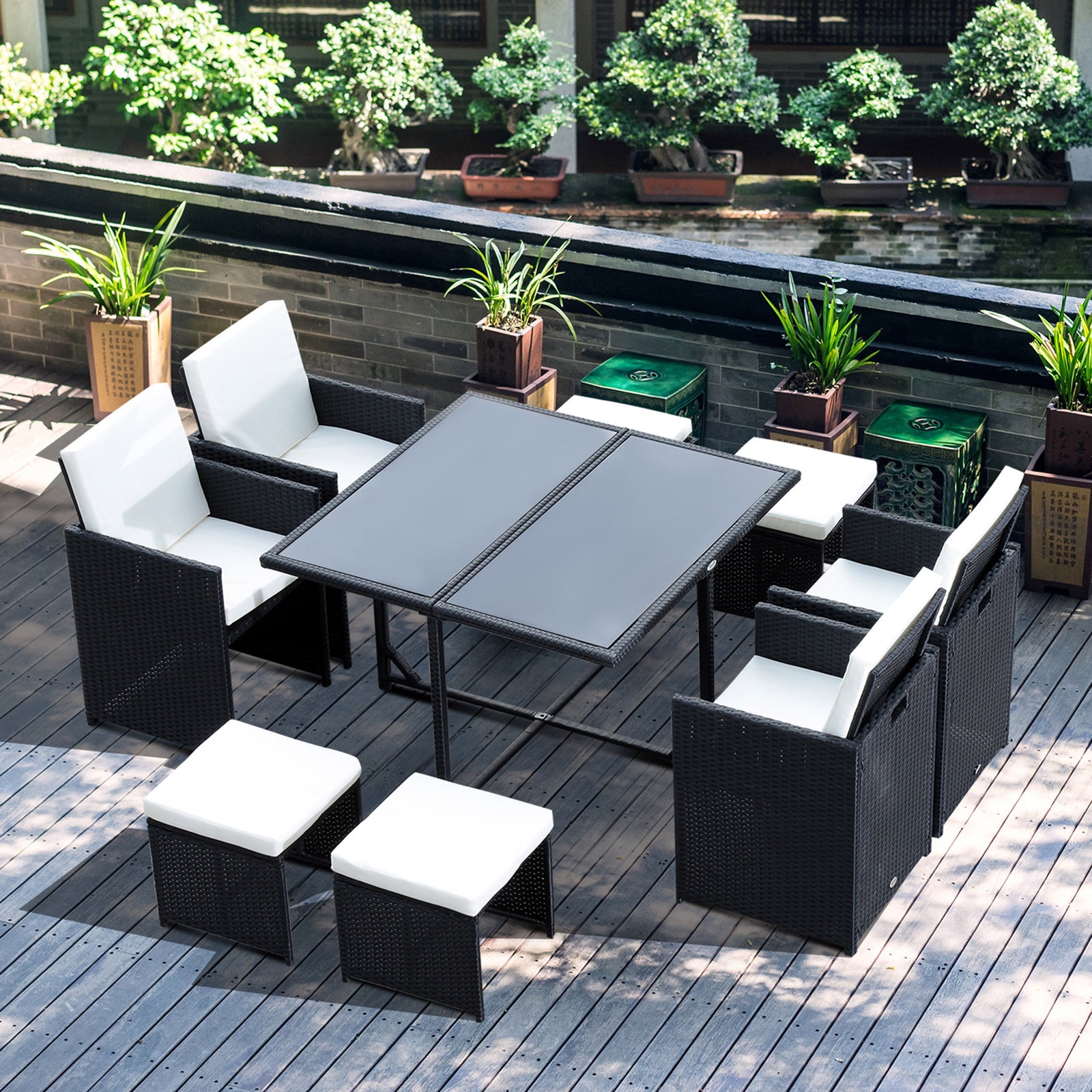 Rattan Garden Furniture Patio Dining Table Set W/ 8 Stools | Black