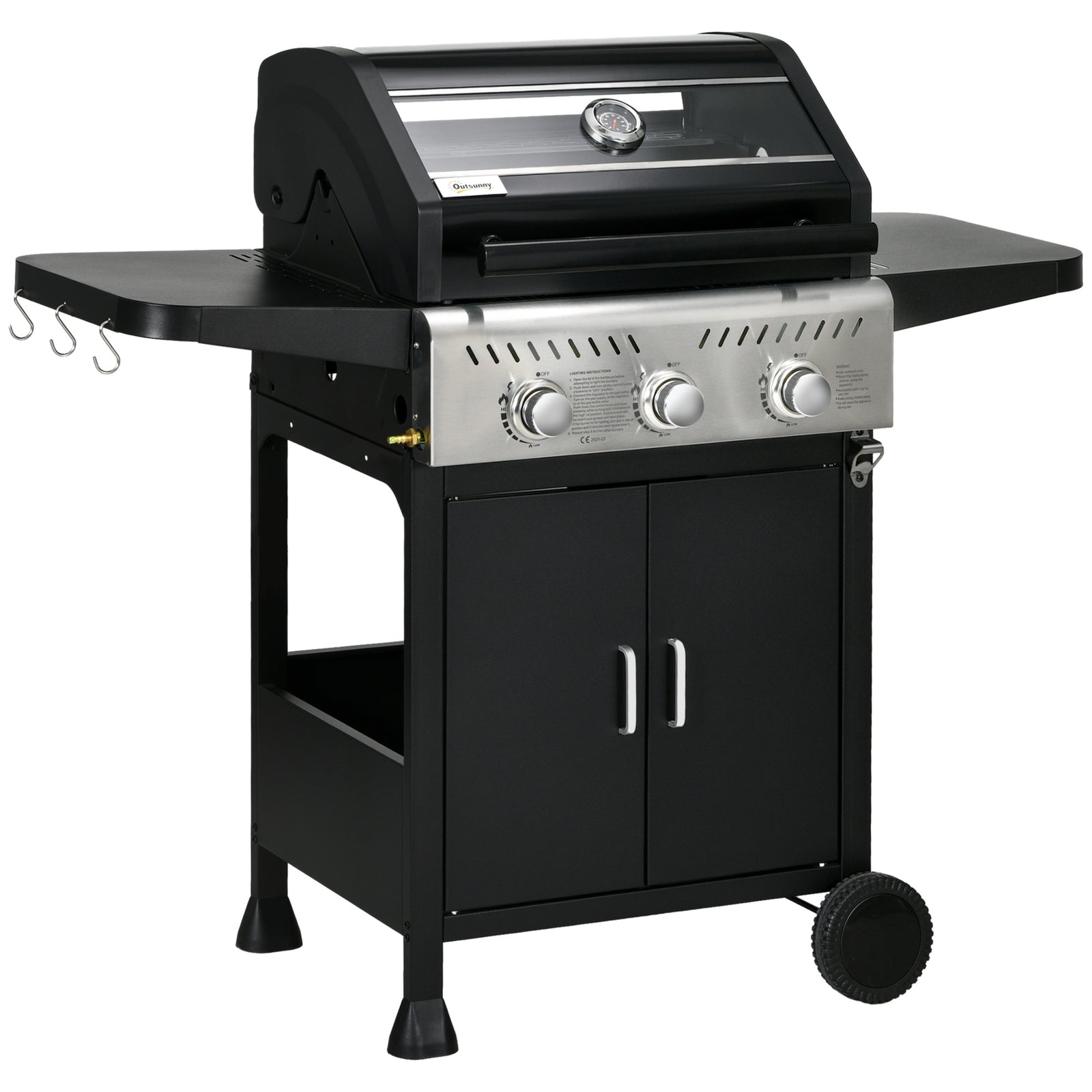 3 Burner Gas Bbq, Trolley, 9kw, Black | Black