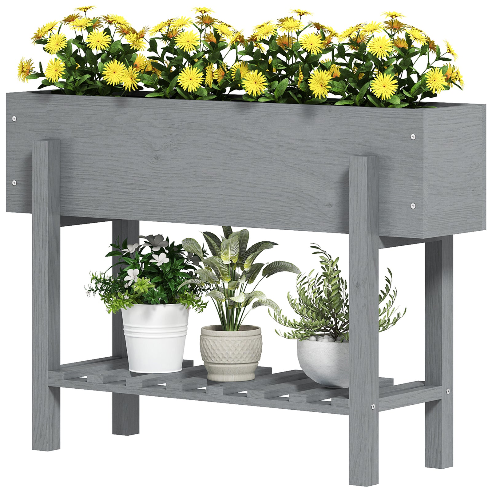 Wooden Raised Bed W/ Bed Liner, Storage Shelf | Gray