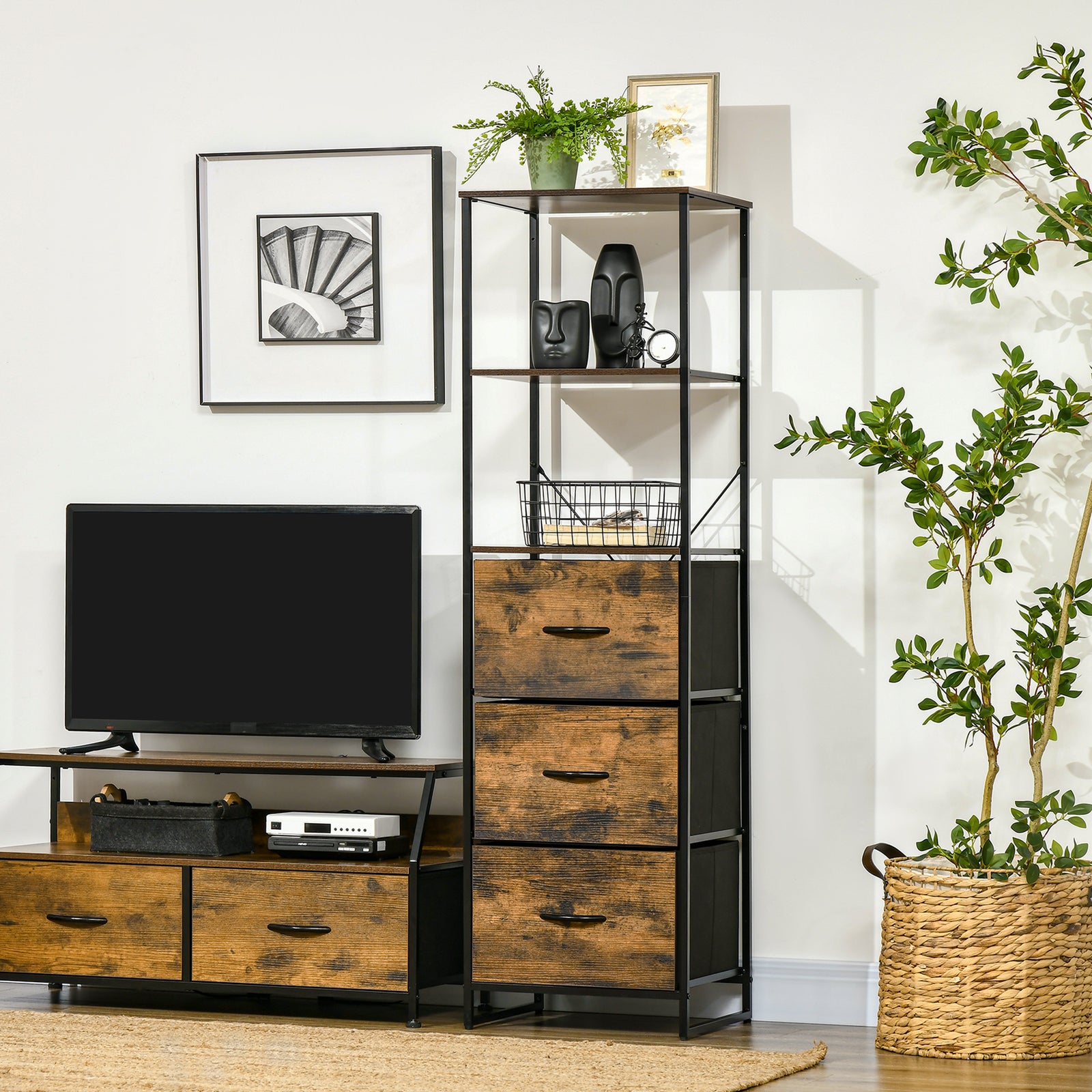 Industrial Storage Cabinet With 2 Shelves 3 Fabric Drawers