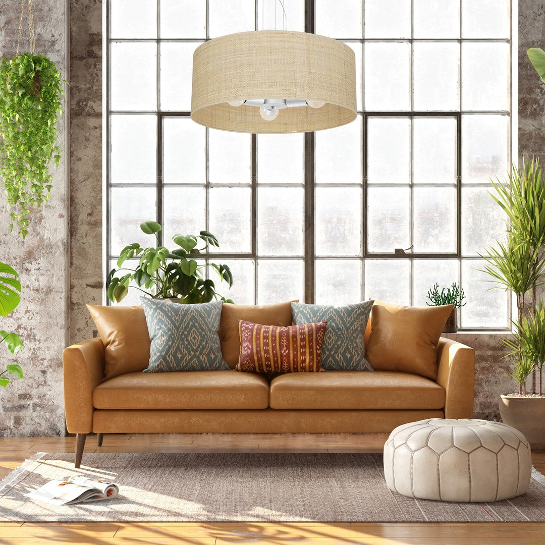 Marshall Hand Made Designer Pendant Lamp In Matt White Metal And Natural Rattan Coloured Fabric