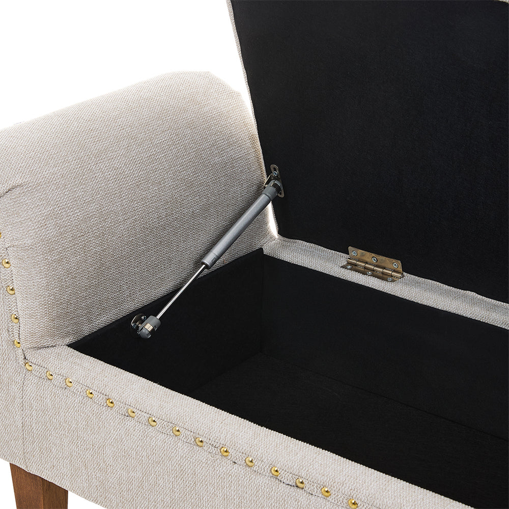 Linen Upholstered Storage Bench With Nailhead Trim & Wooden Legs – Modern Entryway Or Bedroom Seat 106cm W | Beige