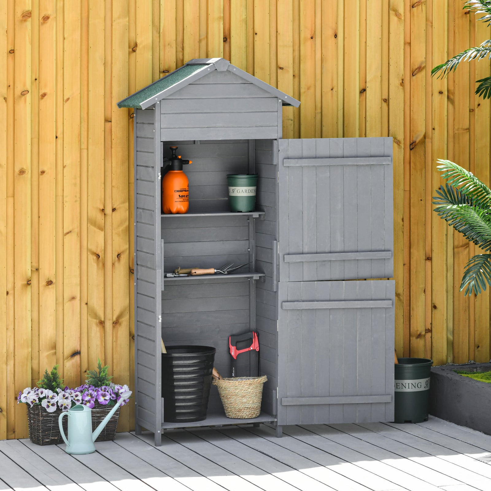 Wood Garden Storage Shed Tool Cabinet With Felt Roof | Dark Gray