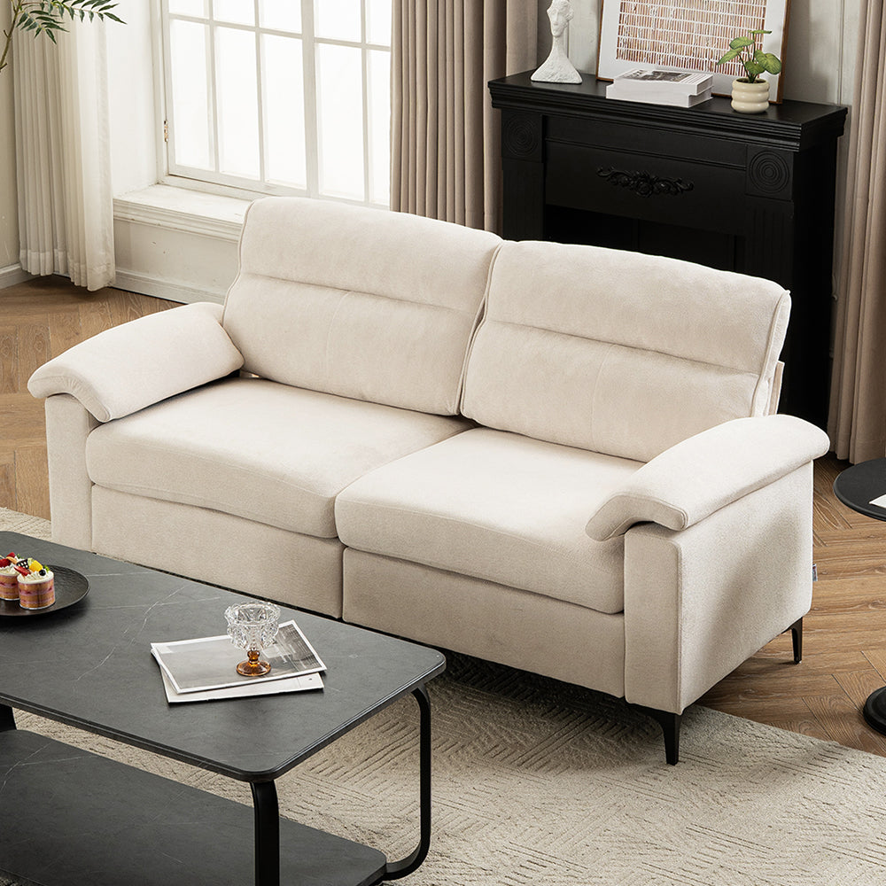 Minimalist Chenille Fabric Two-seat Sofa With Wooden Frame & Black Metal Legs | Beige