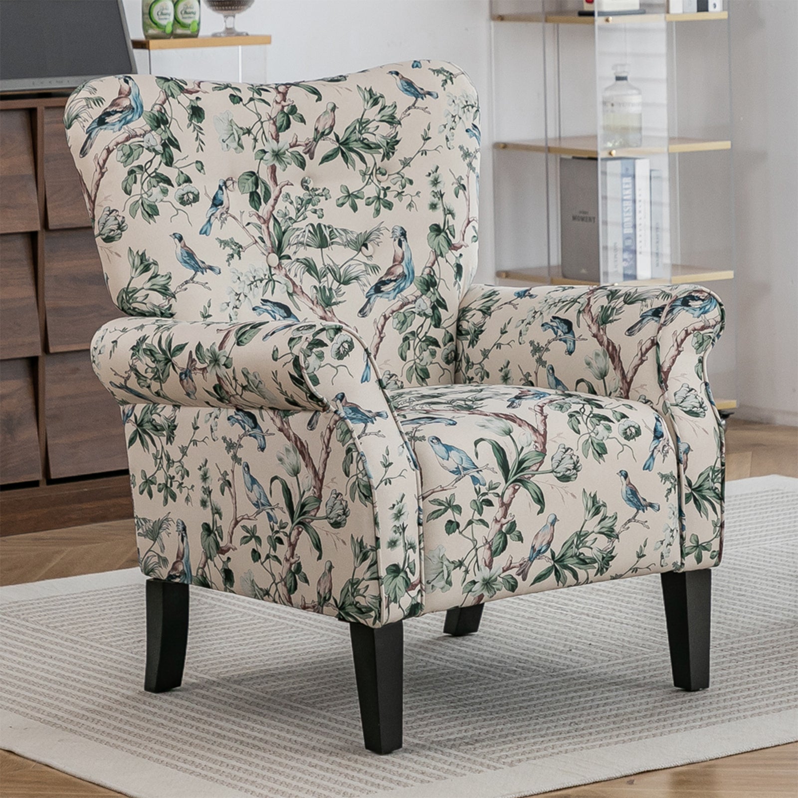 Breeins Pastoral Linen Upholstered Armchair With Wooden Legs