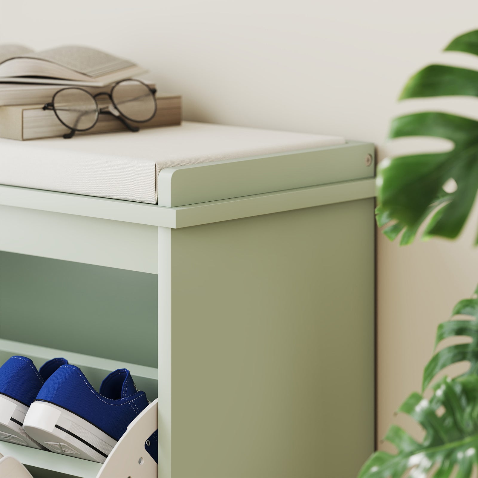 Boho Shoe Bench With Padded Seat And Flip-drawer | Light Green