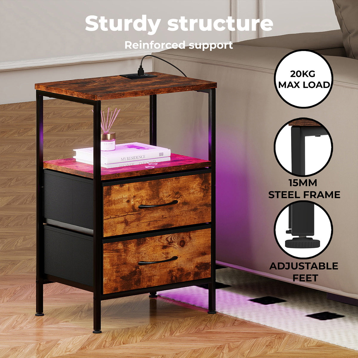 Led Bedside Table 2 Drawers Usb Ports Sofa End Table In Brown Black | Brown