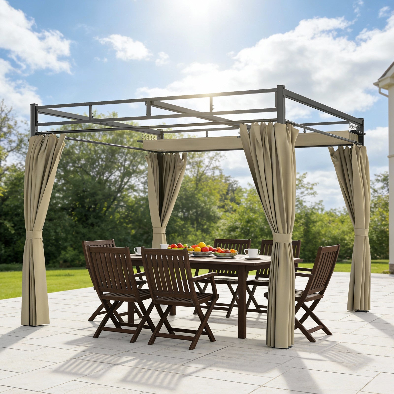 3 X 3 M Garden Pergola With Retractable Canopy, Curtains | Khaki
