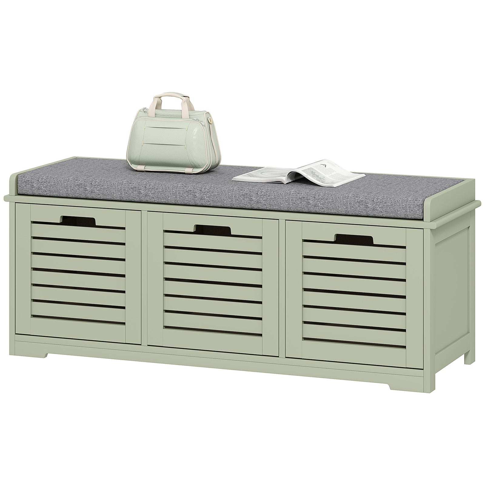 3-door Shoe Storage Bench Cushion Seat Slatted Doors | Green