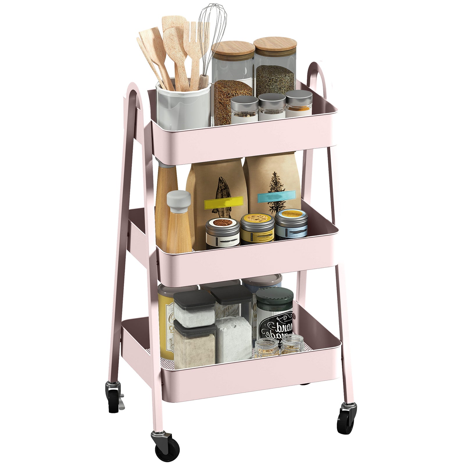 3-tier Kitchen Cart, Wheels | Pink
