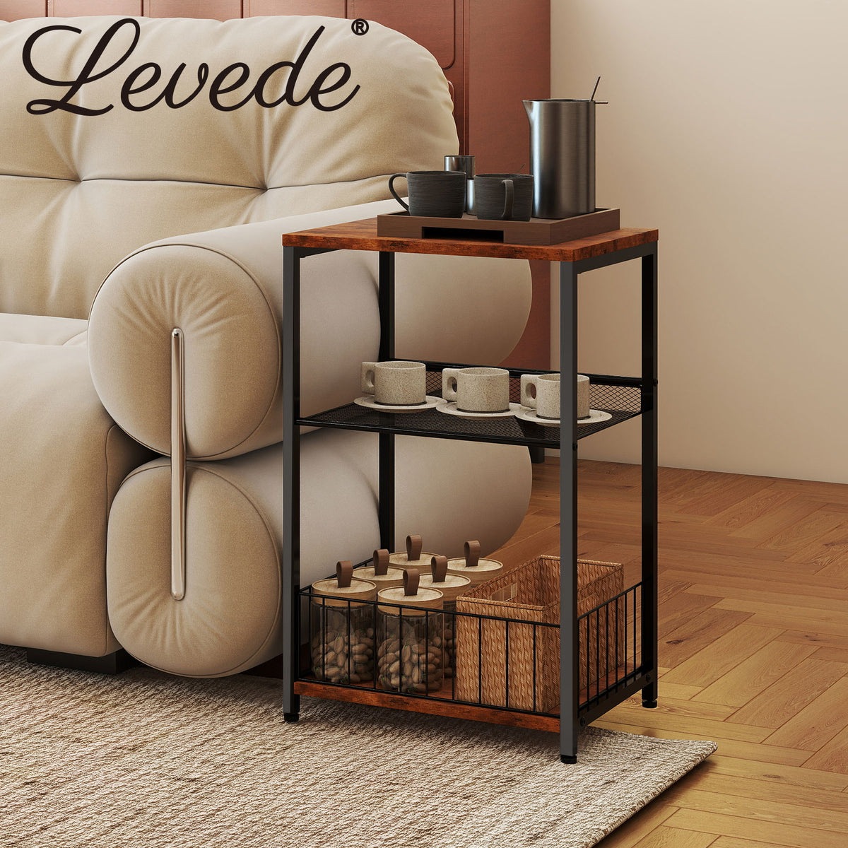 Levede Side Table Bedside End Table 3 Tier Metal Wood Storage Vintage Brown
