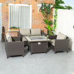 Rattan Garden Furniture Set W/ Gas Fire Pit Table, Cushion | Brown