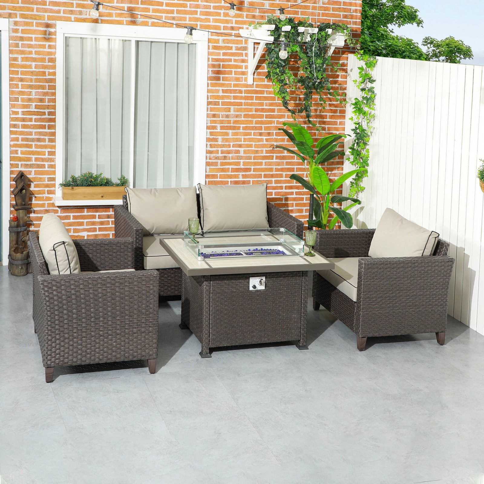 Rattan Garden Furniture Set W/ Gas Fire Pit Table, Cushion | Brown