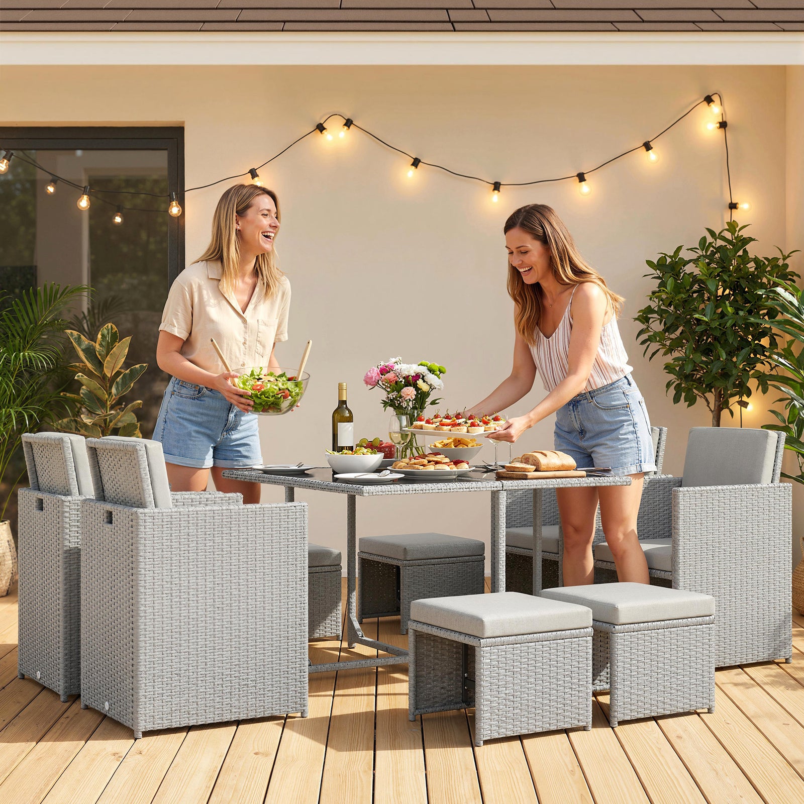 8 Seater Cube Rattan Garden Dining Set With Cushions | Light Grey
