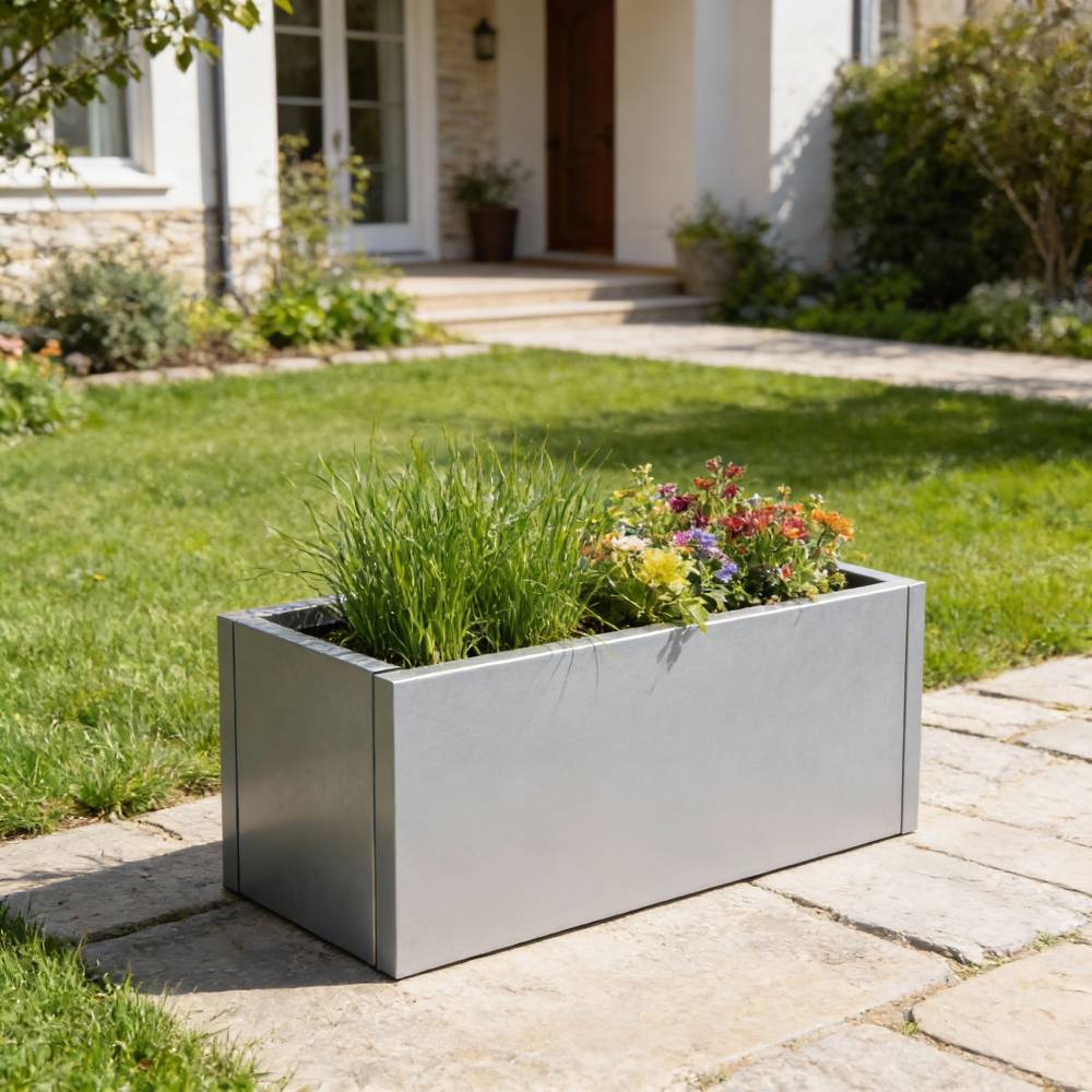 Zinc Galvanized Steel Planter Box With Drainage Hole –rectangle Raised Planter Box Outdoor Balcony Garden Trough Pot | Small | Light Grey