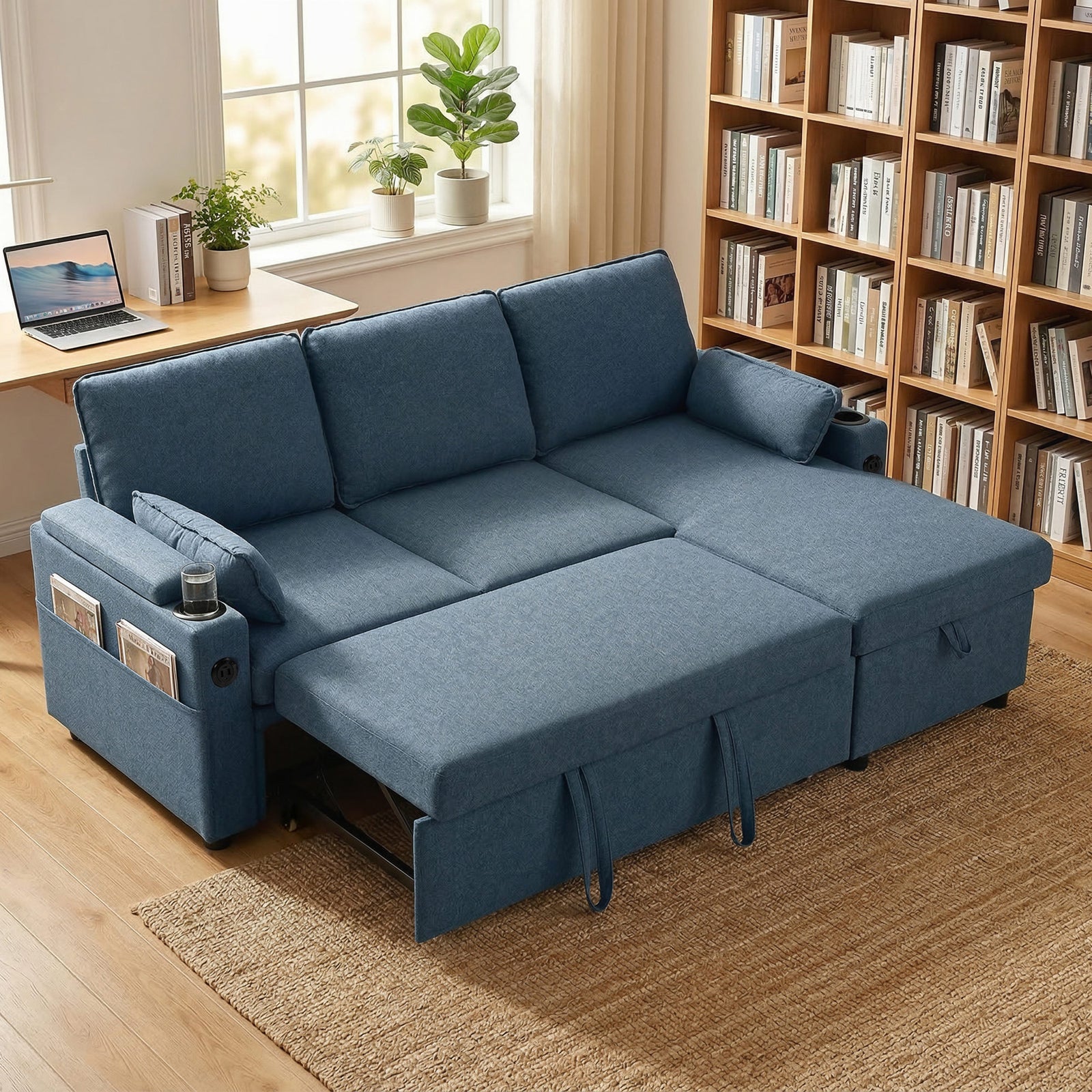 Corner Sofa Bed, L Shaped Sofa With Storage Chaise, Usb Ports | Blue