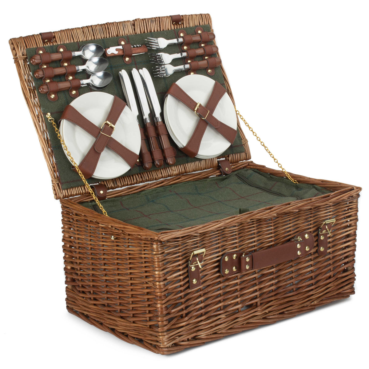 Green Tweed Classic Picnic Wicker Basket | 6 Person | Green