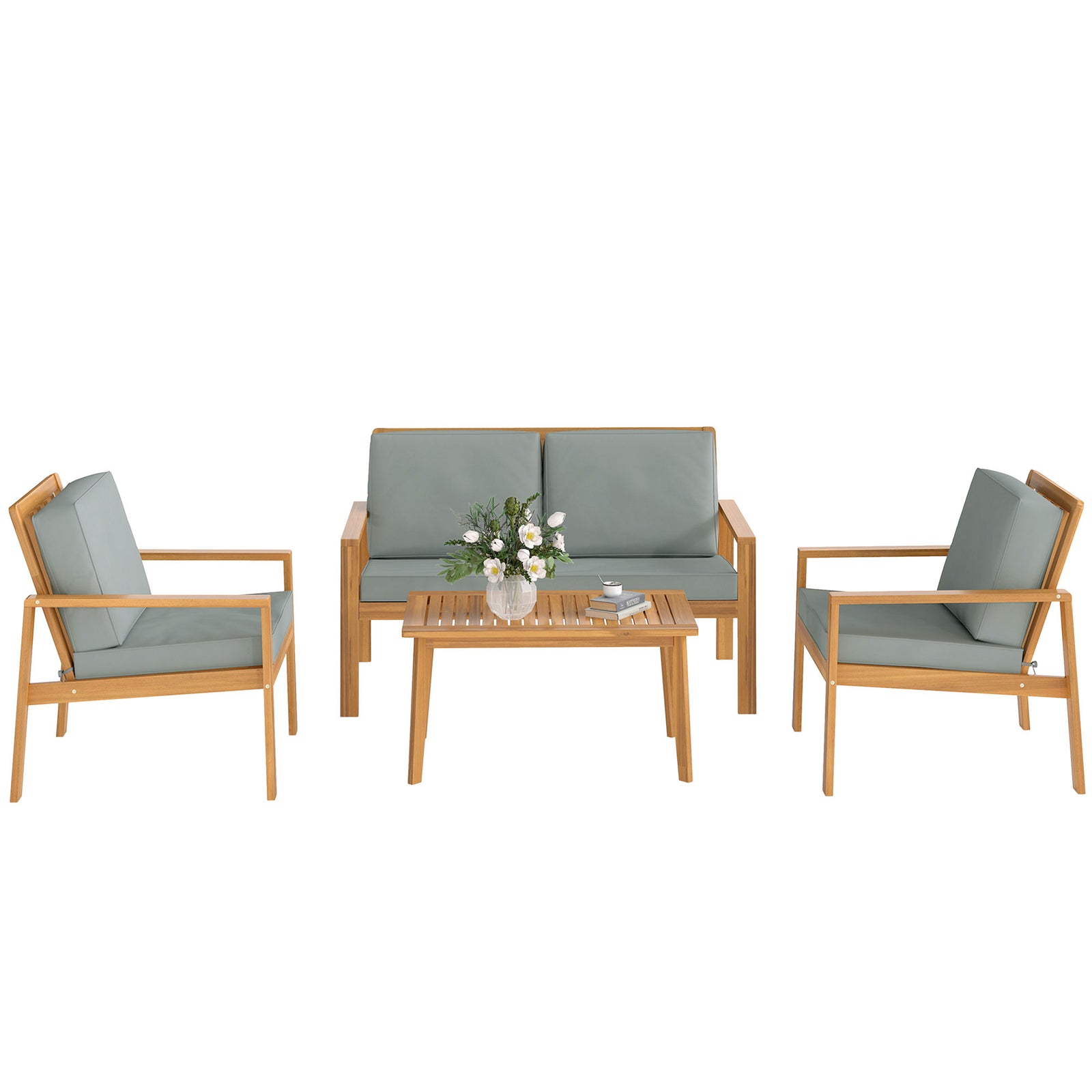 4 Pieces Wooden Garden Furniture Set With Cushions | Natural
