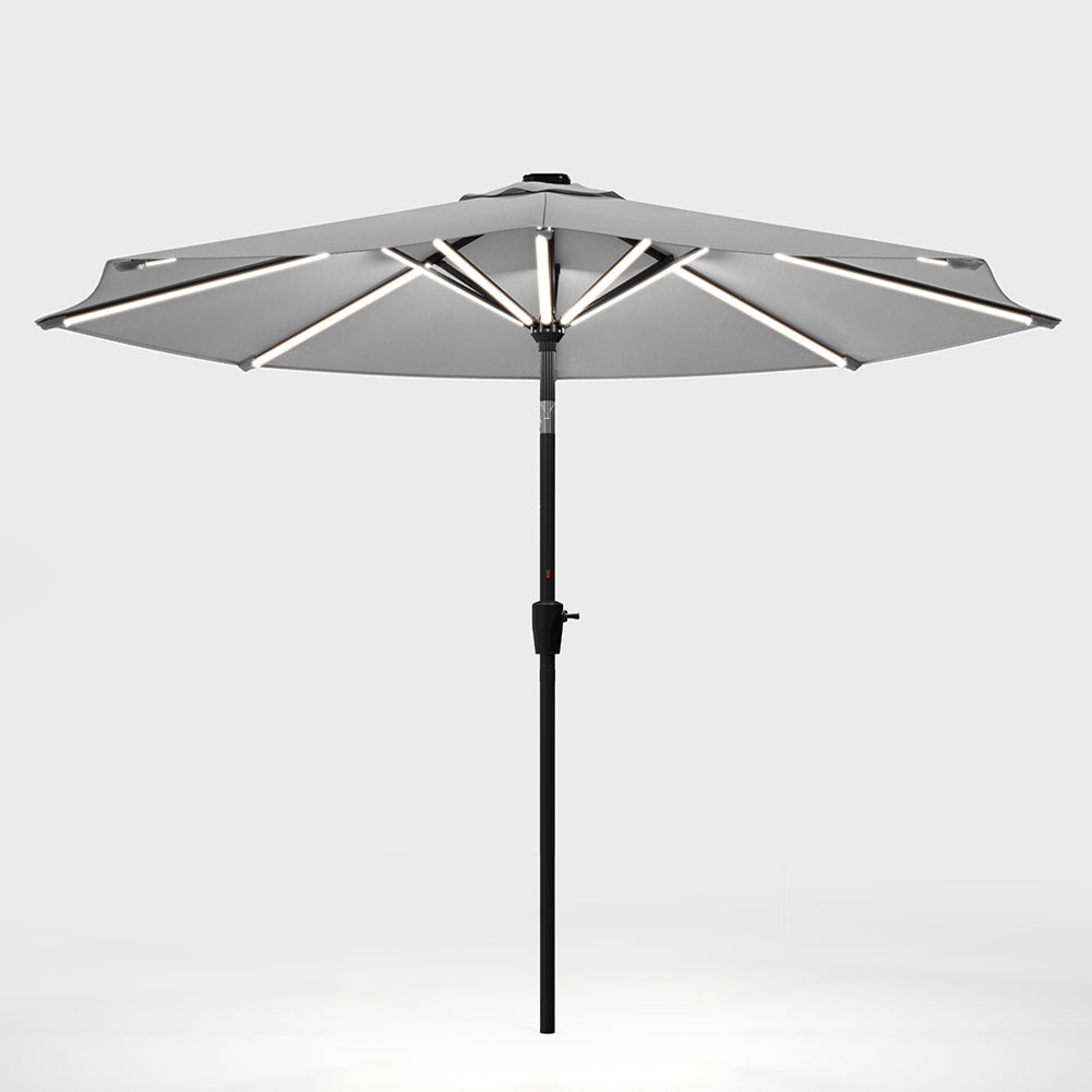 3m Solar Led Patio Umbrella, Outdoor Parasol With 16 Led Tubes, Crank Lift & Push Button Tilt Without Base | One Size | Light Grey