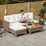 3 Pieces Rattan Lounge Set, L-shaped With Wood Table | Cream