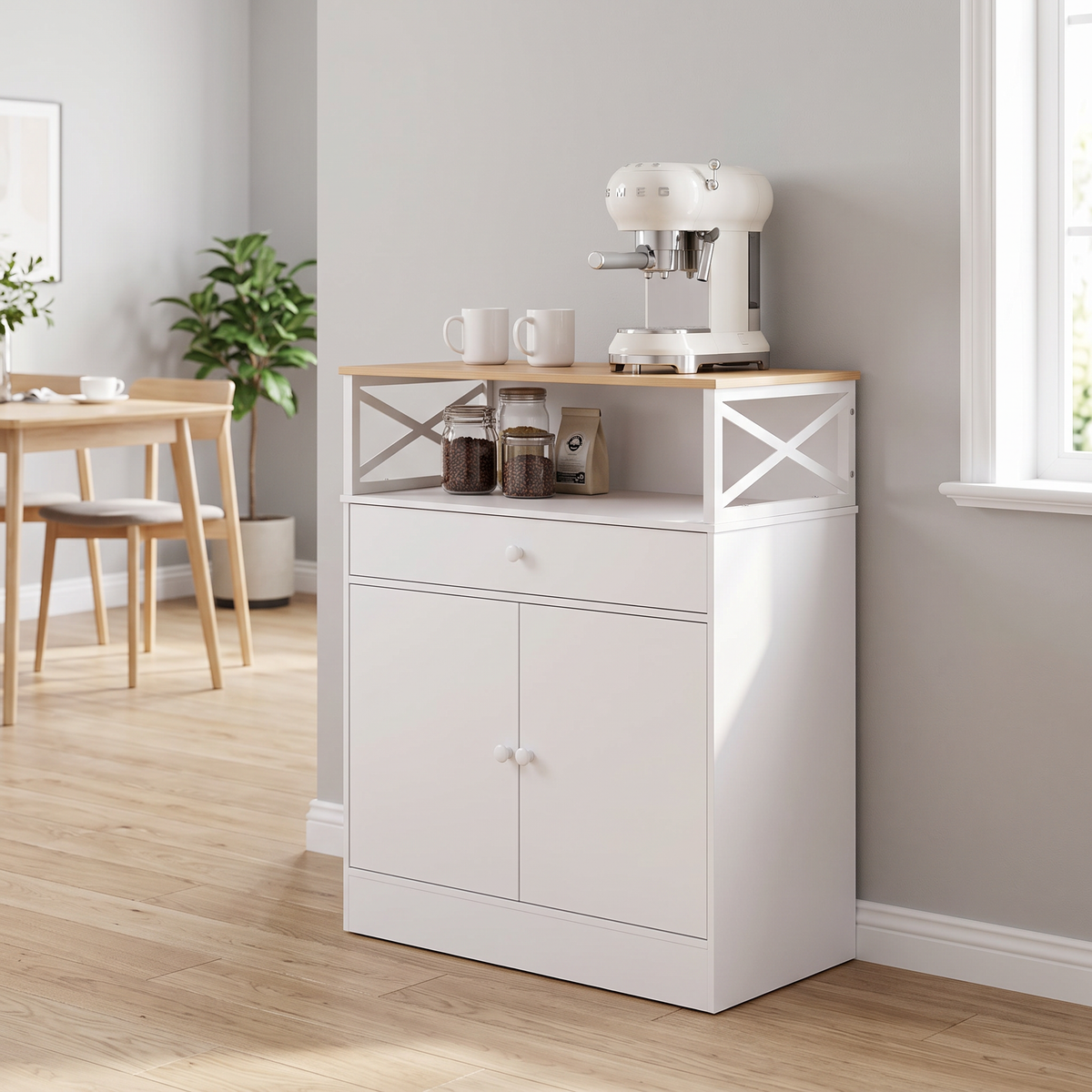 Breeins Modern White Sideboard With Open Shelf, 1 Drawer & 2-door Cabinet