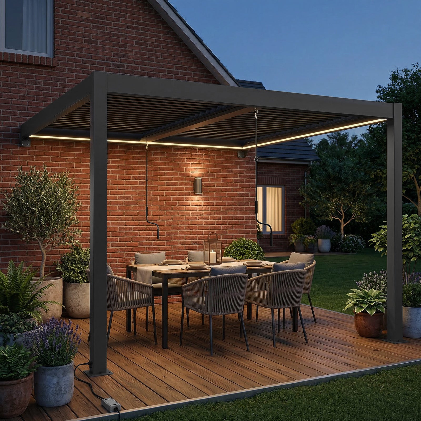 Outsunny 3 X 3 M Louvered Pergola With Led Lights, Metal Louvres, Dark Grey
