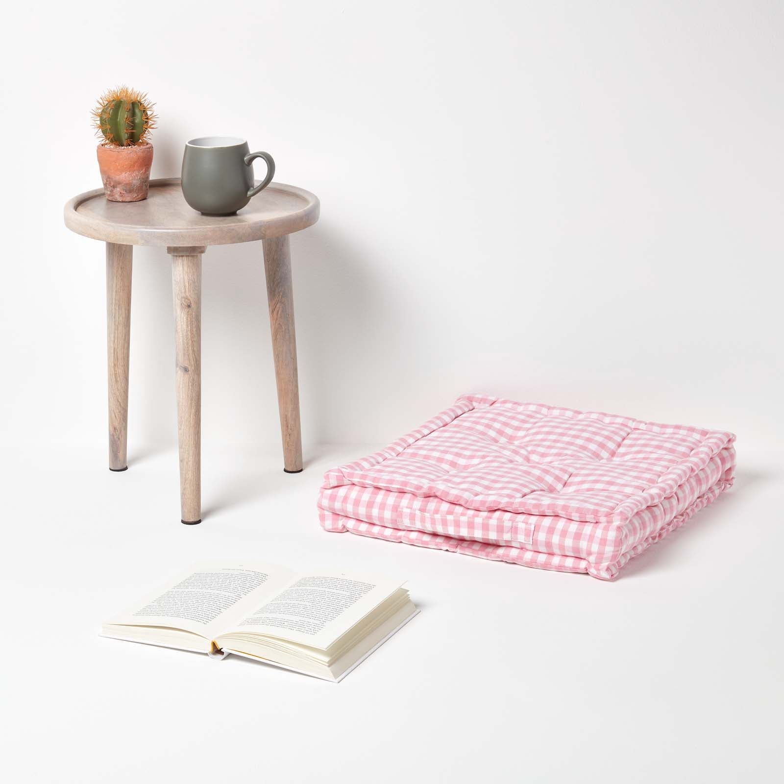 Cotton Gingham Check Floor Cushion | 50cm x 50cm | Pink