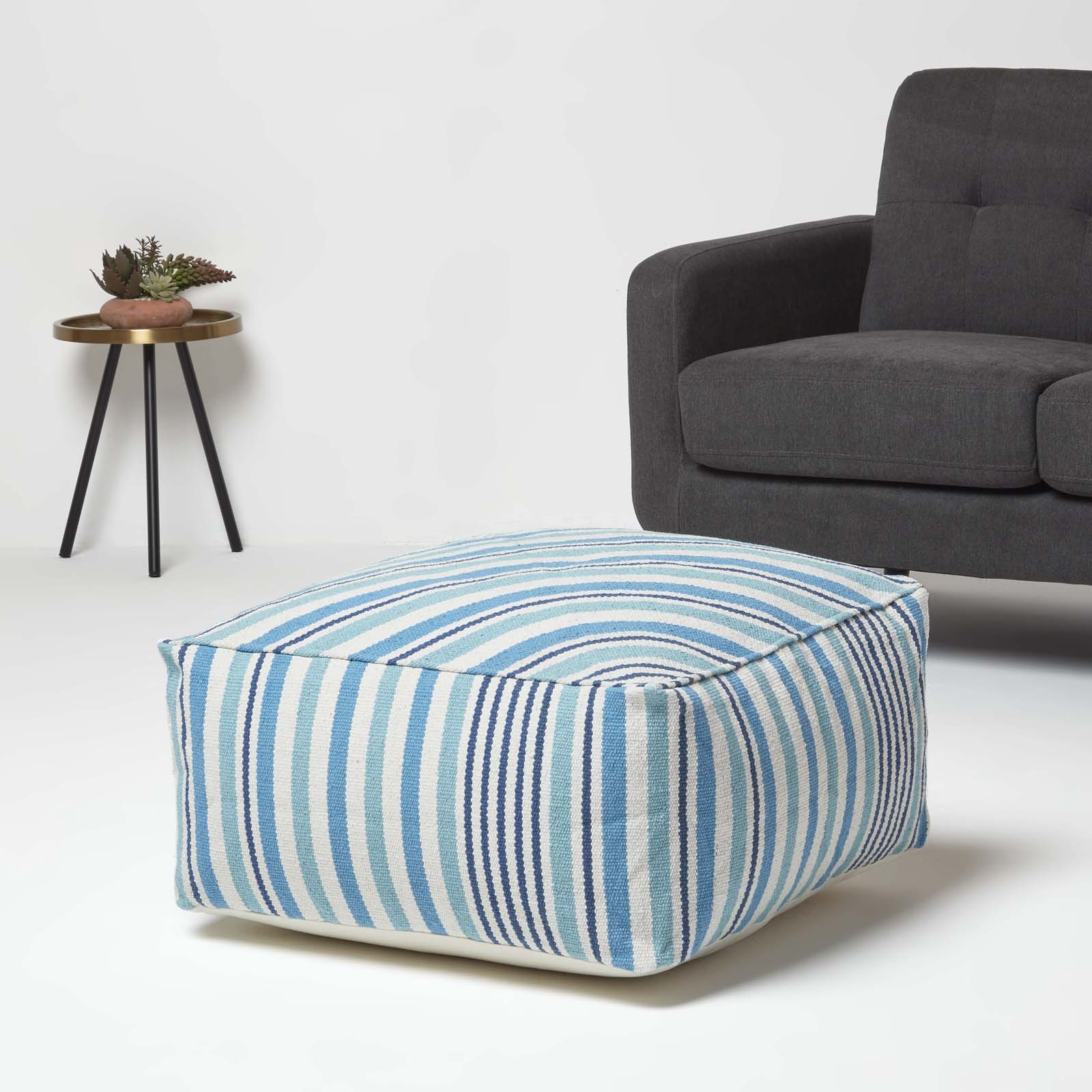 HOMESCAPES Blue And White Stripe Beanbag Cube Pouffe Large 60 X 60 X 30 Cm