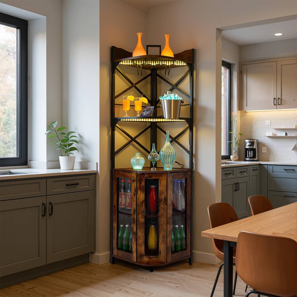 5-tier Corner Bar Cabinet With Built-in Power Outlet And Led Lights | Brown