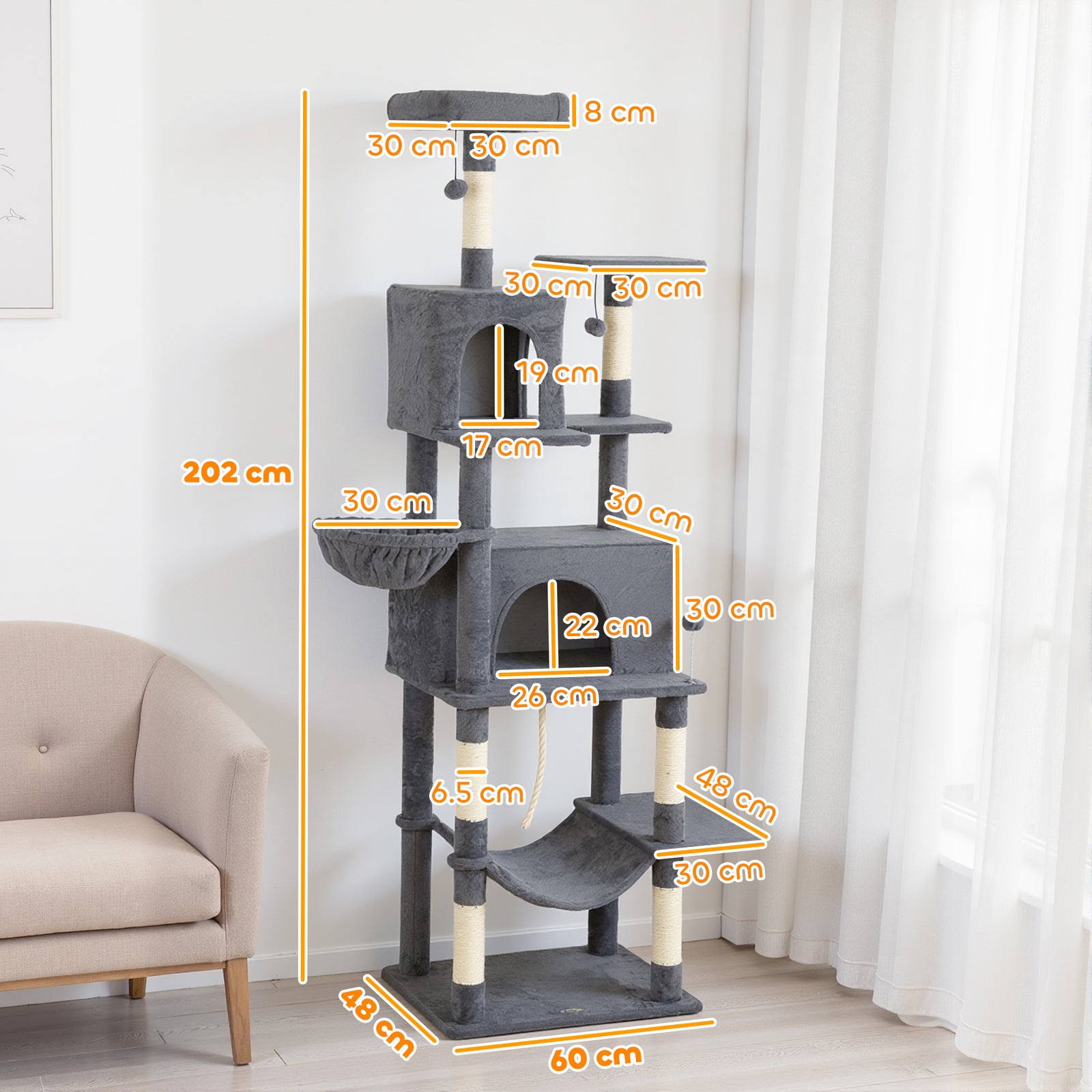 Cat Tree, 202cm Cat Tower With 2 Condos, 2 Hammocks, 2 Perches