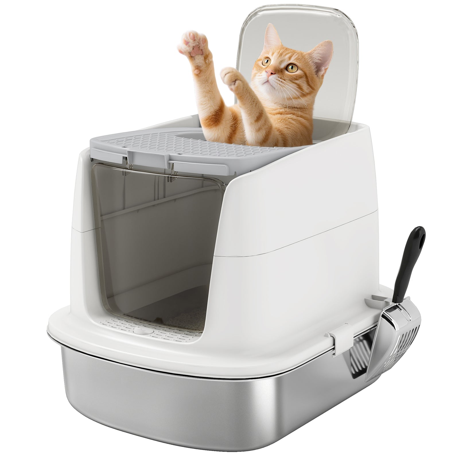 Stainless Steel Litter Box, Enclosed Metal Cat Litter Tray With Scoop