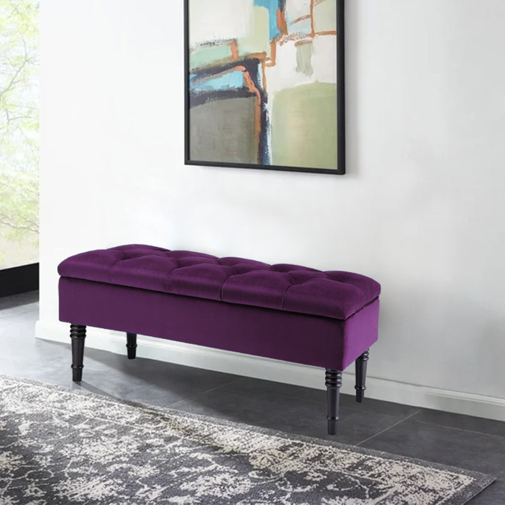 Velvet Upholstered Storage Bench With Button-tufted Seat And Rubberwood Legs | Dark Purple