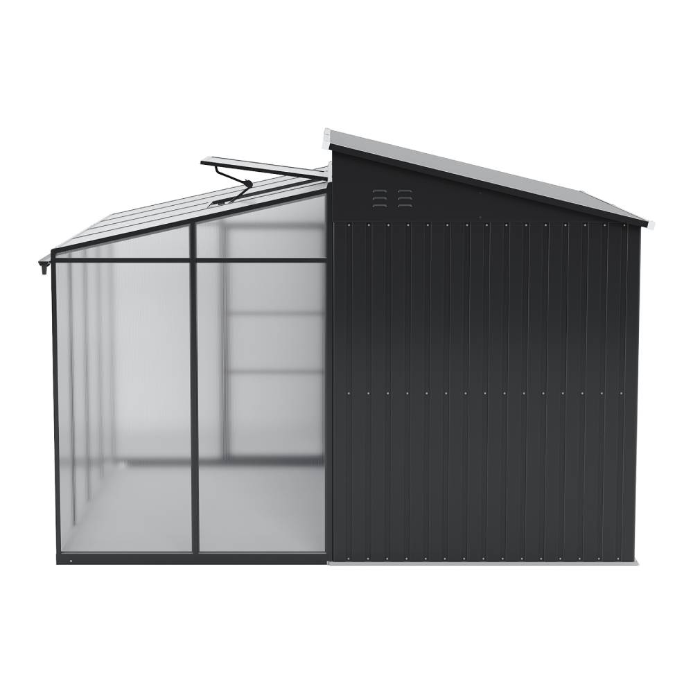 2-in-1 Metal Shed With Greenhouse, Transparent Pc Panels – 10 X 9ft, Zinc Steel & Polycarbonate Construction