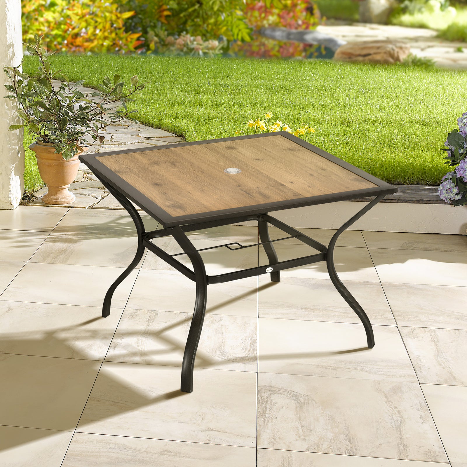 Garden Table W/ Pc Board Tabletop For 4, Parasol Hole | Brown