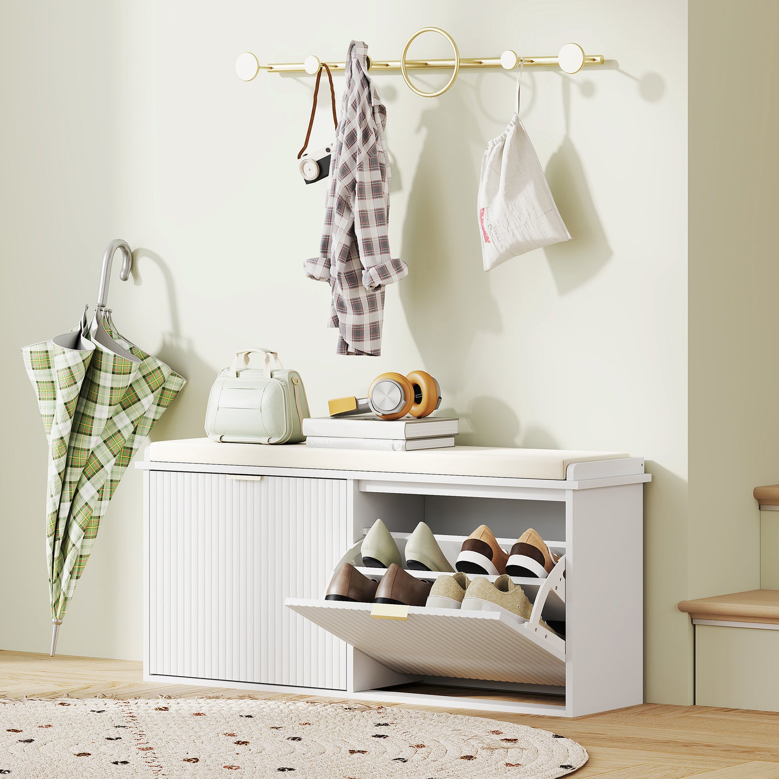 Shoe Storage Bench With Cushion And Flip-drawer | Large | White