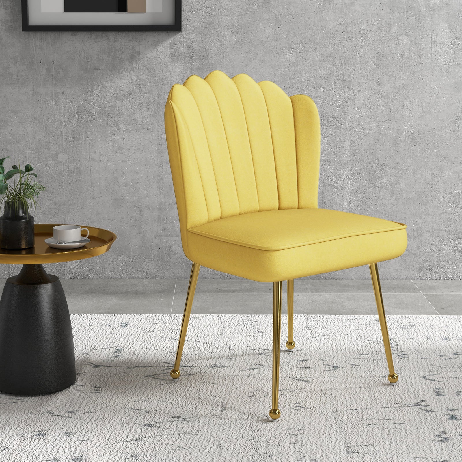 Velvet-feel Shell Accent Chair Bedroom Lounge Metal Legs | One Size | Yellow