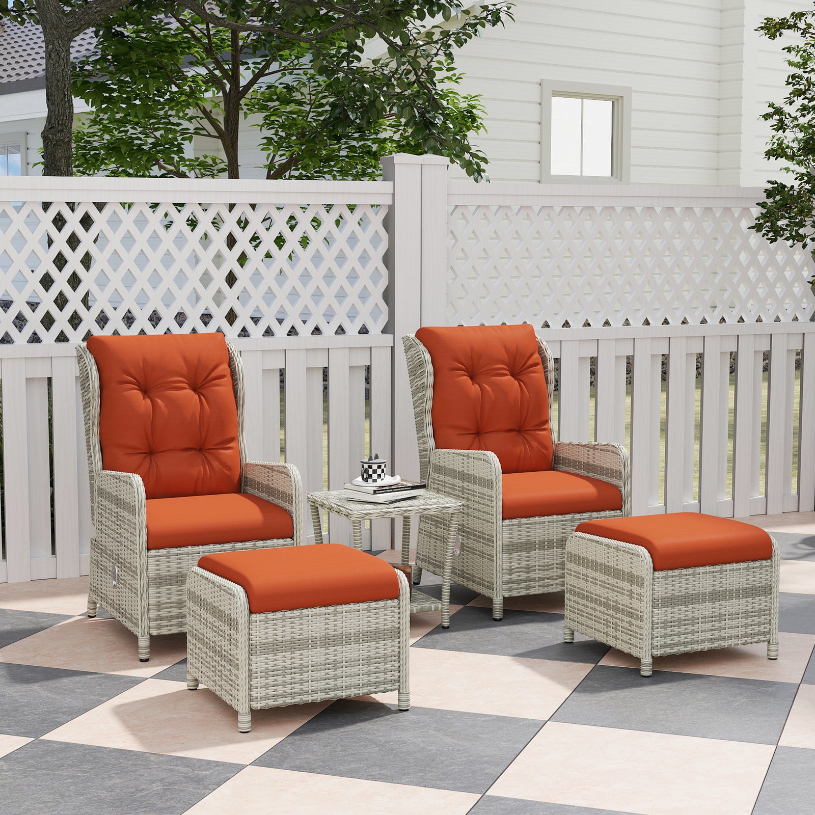 Recliner Rattan Garden Furniture W/ Two-tier Glass Top Table | Orange