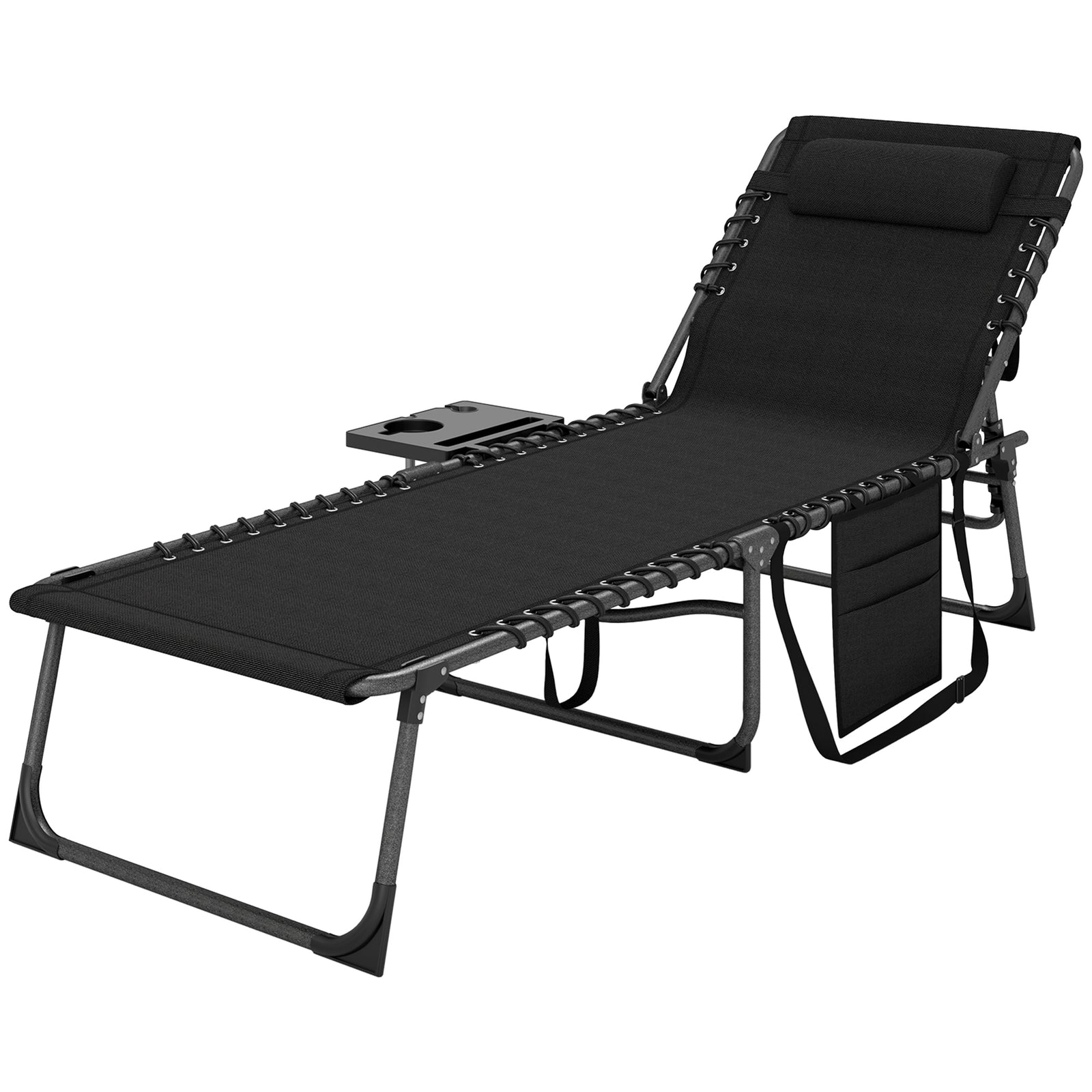 Folding Sun Lounger With 5-level Reclining Back, Side Table | Black