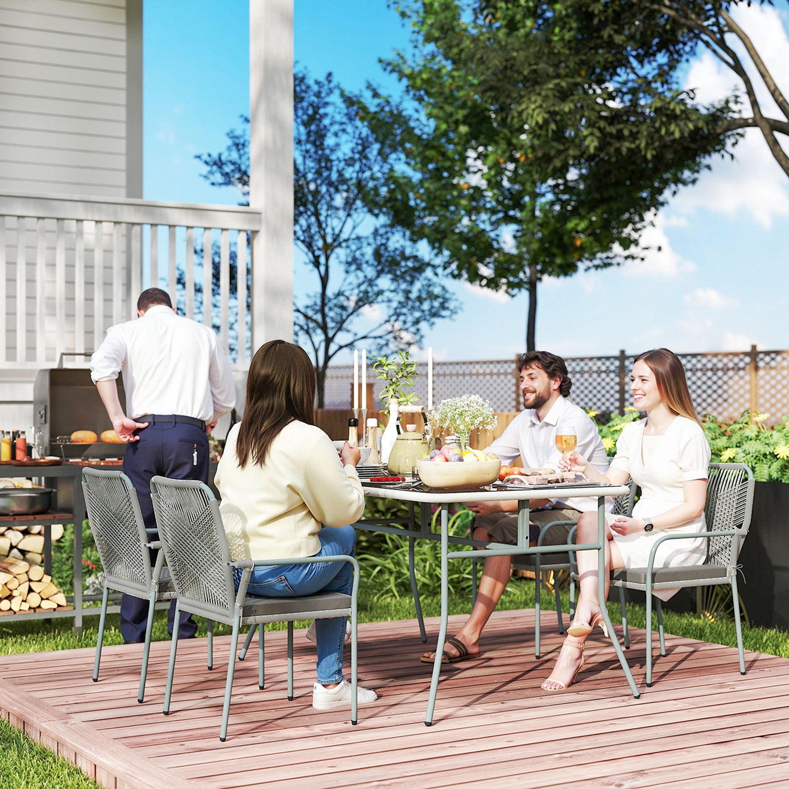 5 Piece Wicker Garden Dining Set, Pe Rattan With Cushions