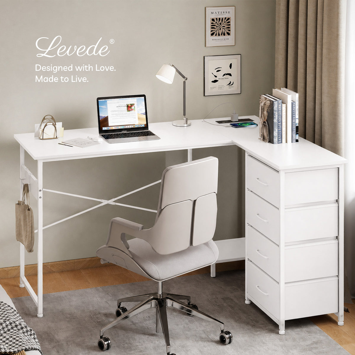 Corner Desk L Shaped With Drawers Power Outlet Office Gaming Wood White | White