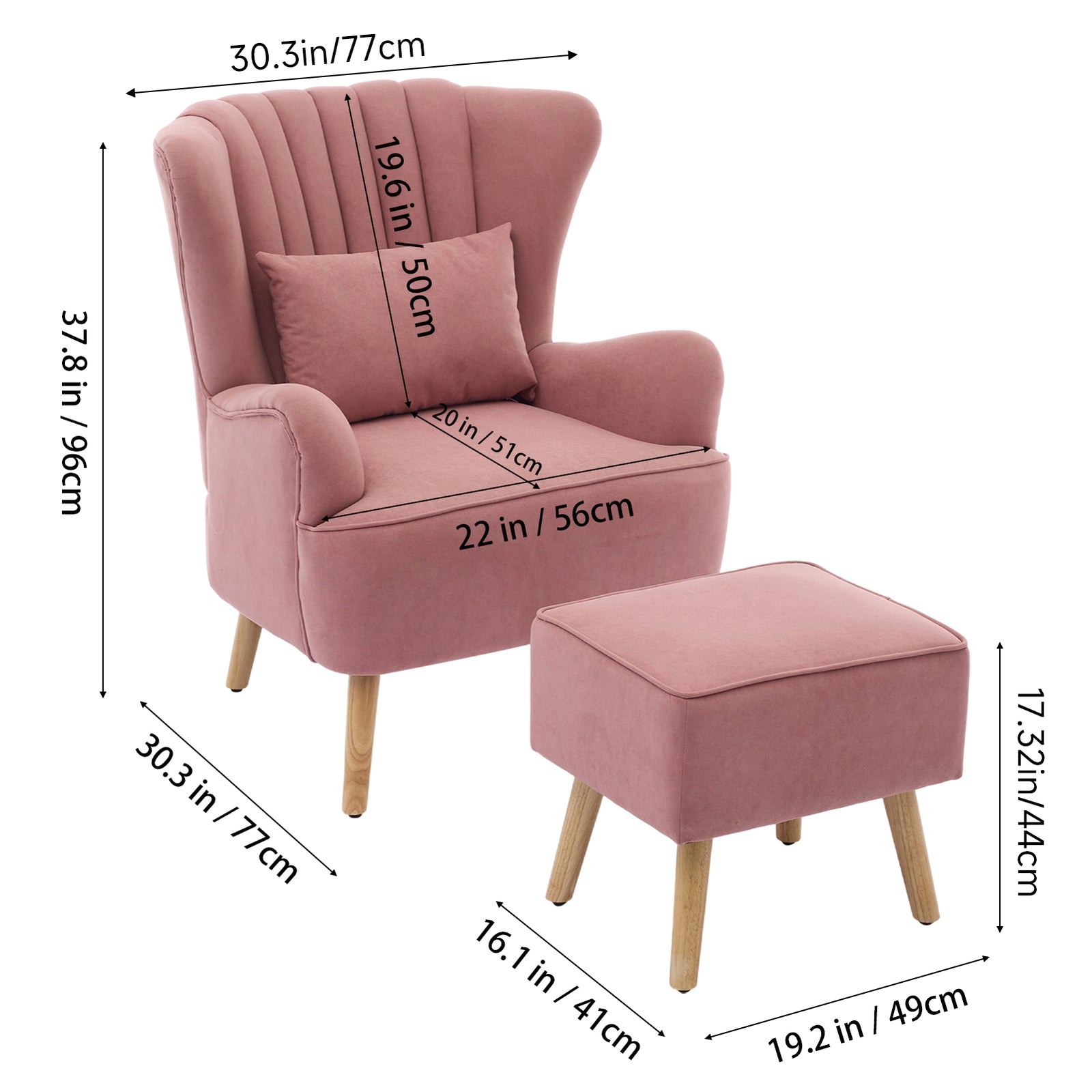 Modern Wingback Accent Chair Armchair With Footstool And Lumbar Pillow | Pink