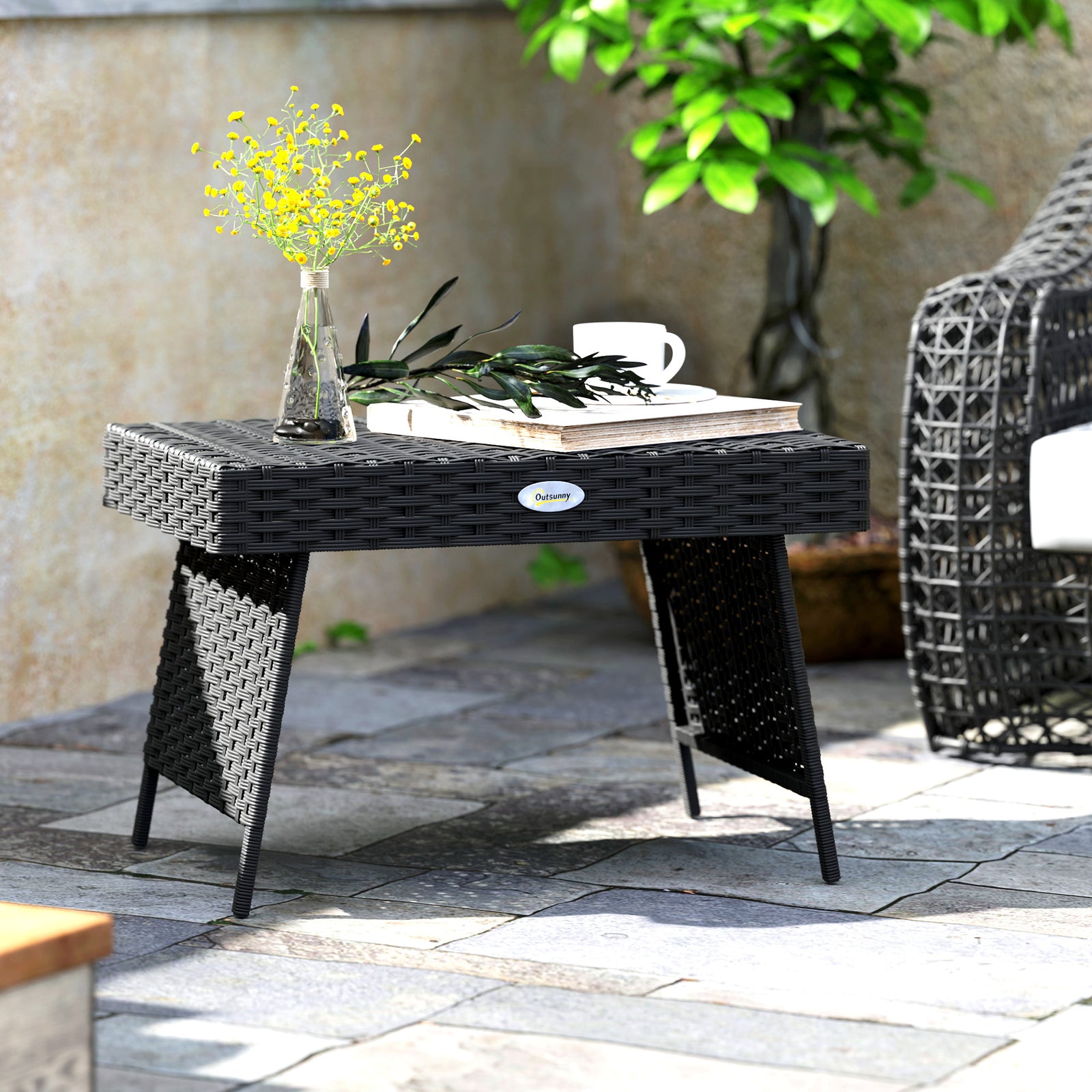 Foldable Outdoor Coffee Table, Steel Rattan Side Table | Black