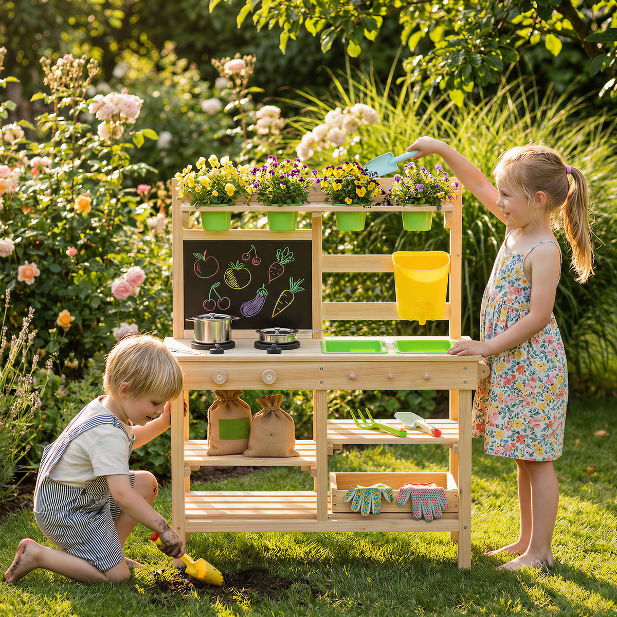 AIYAPLAY Wooden Kids Mud Kitchen With Kitchenware & Garden Tools