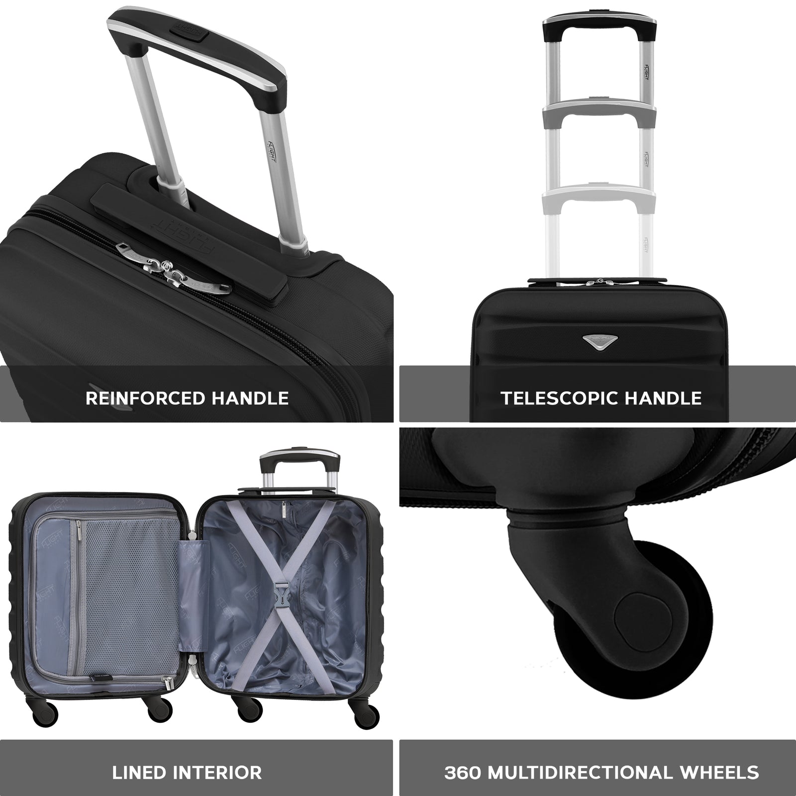 45x36x20cm Lightweight Underseat Cabin Carry On Suitcase - 100+ Airline Approved - Hard Shell Luggage - 4 Wheels | 45 x 36 x 20cm | Black & Silver