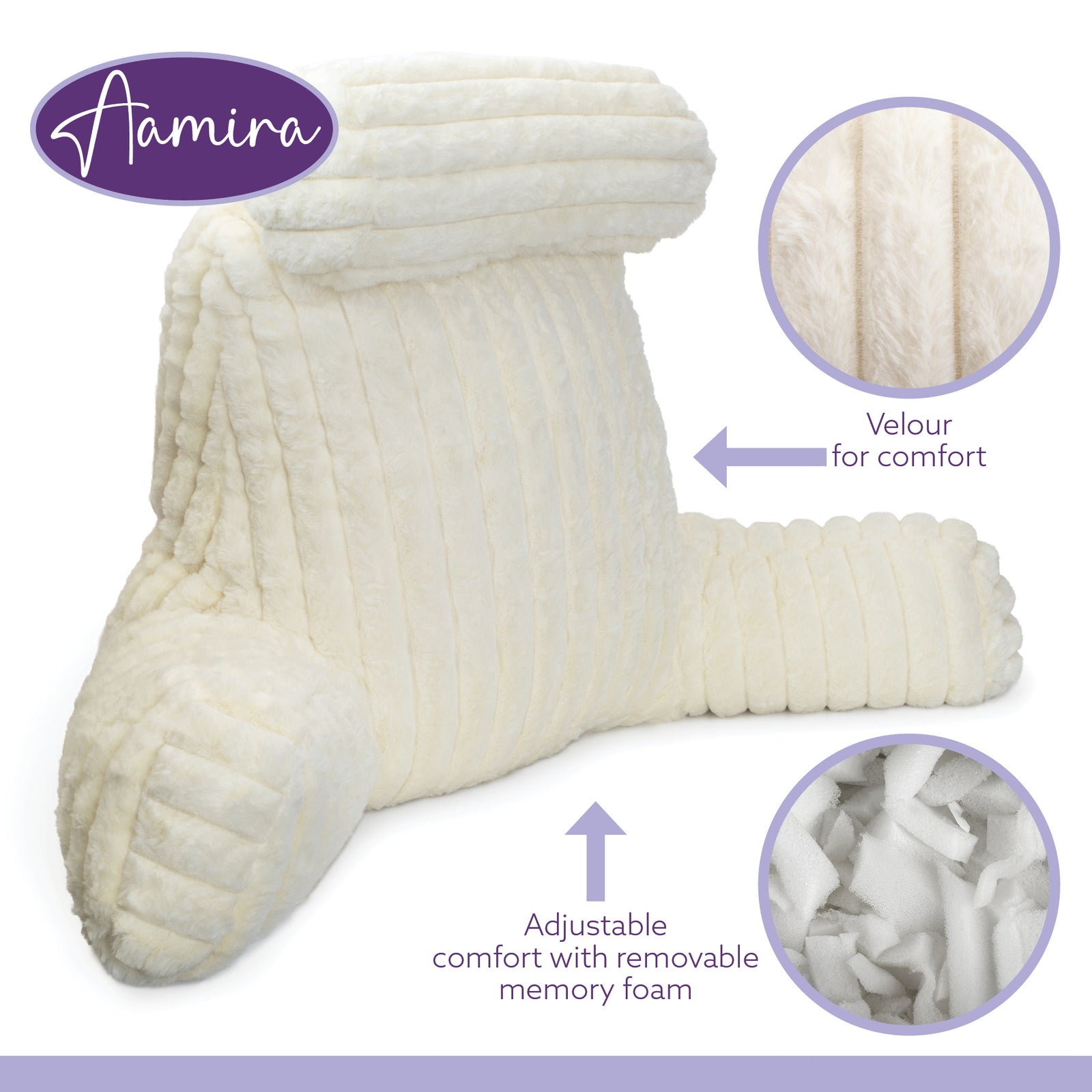 Luxurious Xl Reading Pillow Detachable Headrest, Soft Ribbed Faux Fur, Memory Foam Cuddle Cuddle Cushion Backrest | XL | Cream