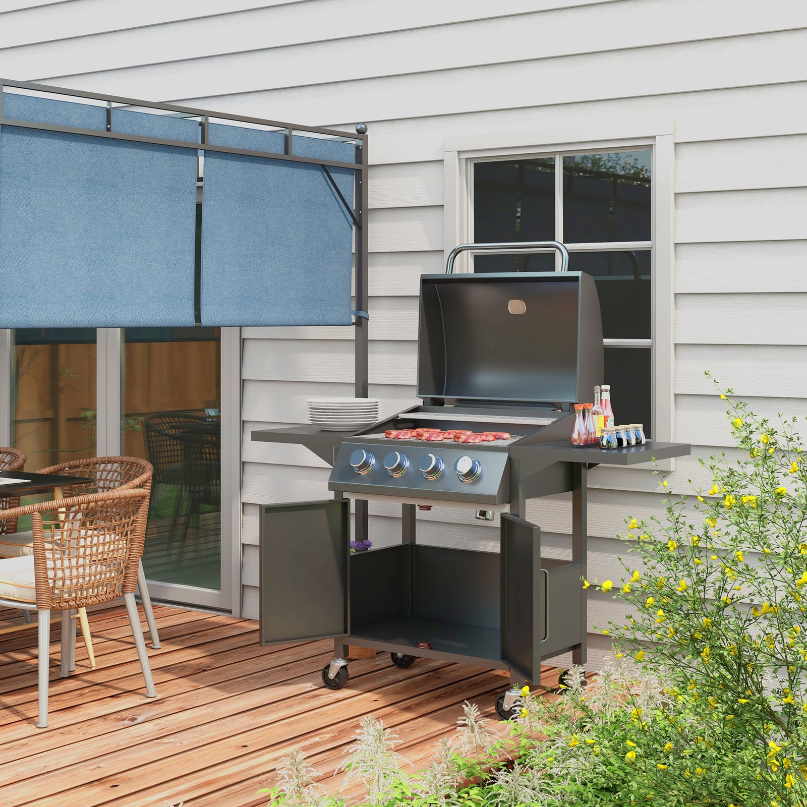 Bbq Grill With Burner, Portable Trolley, Black | Large